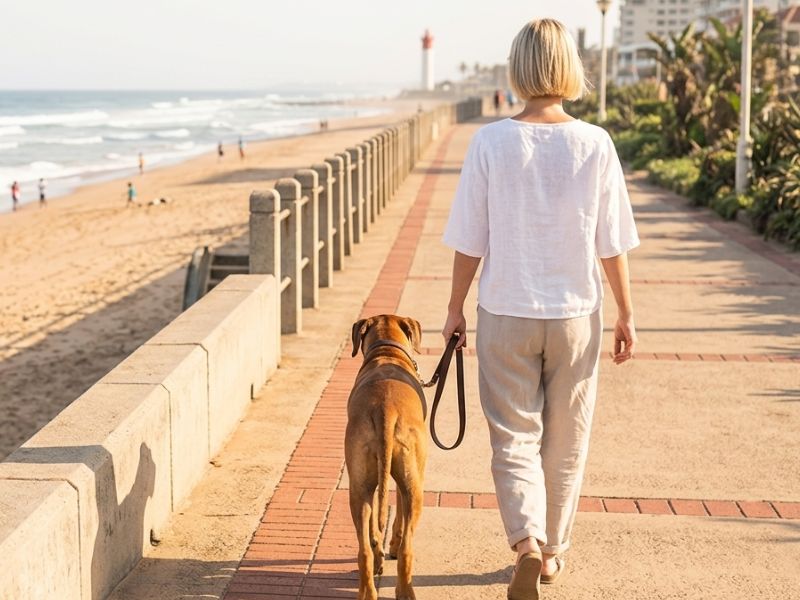 Wired by Tired Ways to Switch Off for Wellness Image of a woman in a white shirt and tan trousers walking down a seaside promenade with a large dog.
